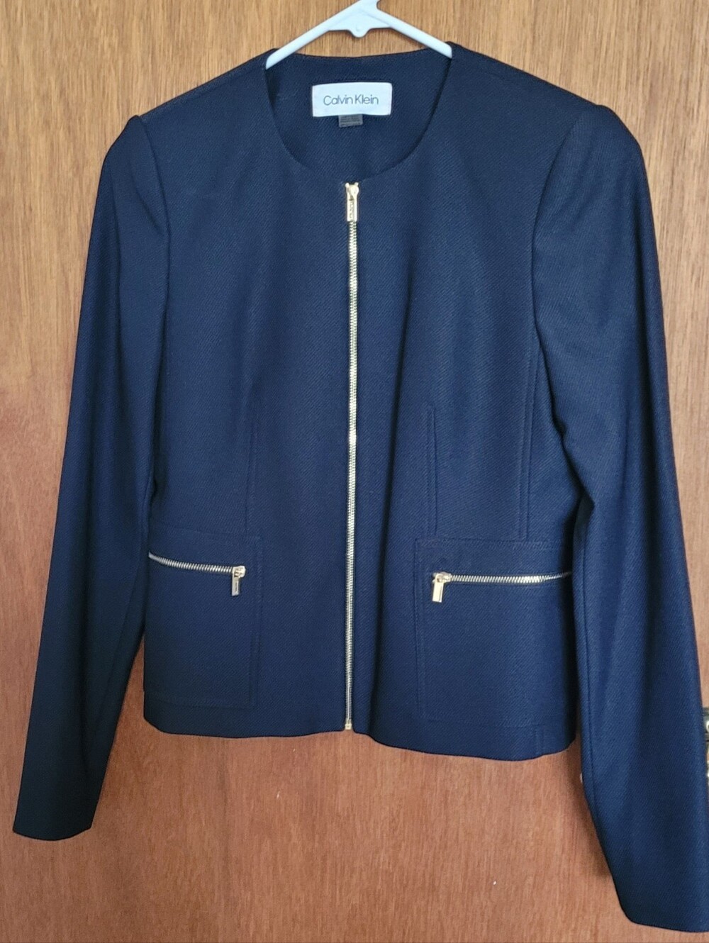 Calvin Klein Navy Zip-Front Blazer with Gold Accents